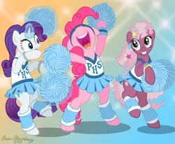 Size: 807x664 | Tagged: safe, artist:brianblackberry, derpibooru import, cheerilee, pinkie pie, rarity, earth pony, pony, unicorn, 80s, 80s cheerilee, bipedal, bottomless, braces, cheeribetes, cheerileeder, cheerleader, cheerleader pinkie, clothes, cute, diapinkes, female, hilarious in hindsight, leg warmers, mare, partial nudity, pom pom, raribetes, skirt, teenager, young