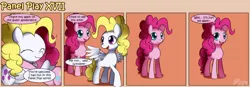 Size: 1400x489 | Tagged: safe, artist:solar-slash, derpibooru import, pinkie pie, surprise, earth pony, pegasus, pony, comic, duo, duo female, female, g1, g1 to g4, generation leap, hug, mare, panel play, smiling