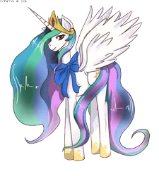 Size: 672x748 | Tagged: safe, artist:crazynekohime, derpibooru import, princess celestia, alicorn, pony, bow, cute, female, looking at you, mare, simple background, smiling, solo, spread wings, transparent background