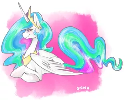 Size: 681x543 | Tagged: safe, artist:cthulhugenocidist, artist:dogrot, derpibooru import, princess celestia, alicorn, pony, abstract background, female, mare, prone, smiling, solo
