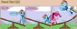 Size: 1400x530 | Tagged: safe, artist:solar-slash, derpibooru import, pinkie pie, rainbow dash, earth pony, pegasus, pony, comic, duo, duo female, female, mare, panel play, seesaw