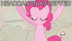 Size: 500x281 | Tagged: safe, derpibooru import, edit, edited screencap, screencap, doomie, pinkie pie, changeling, earth pony, pony, a canterlot wedding, animated, bipedal, caption, disguise, disguised changeling, female, gif, happy, headcanon, headcanon accepted, hub logo, image macro, mare, reaction image, solo focus, text