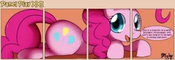 Size: 1400x489 | Tagged: safe, artist:solar-slash, derpibooru import, pinkie pie, earth pony, pony, comic, female, fourth wall, mare, panel play, prone, solo