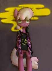 Size: 2550x3509 | Tagged: '90s, 90s cheerilee, artist:lonelycross, bipedal, cheerilee, clothes, dead source, derpibooru import, female, grunge, headphones, high res, looking at you, mare, nirvana, safe, semi-anthro, smoke, solo