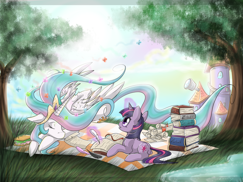 Size: 2000x1500 | Tagged: safe, artist:exxiry, derpibooru import, princess celestia, twilight sparkle, alicorn, pony, unicorn, book, duo, duo female, female, food, mare, meadow, picnic, picnic blanket, prone, sandwich, windswept mane