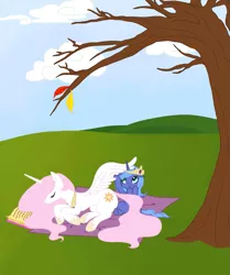 Size: 883x1058 | Tagged: safe, artist:miss-bow, derpibooru import, princess celestia, princess luna, alicorn, pony, autumn, book, duo, duo female, female, filly, foal, pink-mane celestia, prone, sisters, sitting, tree, woona, younger
