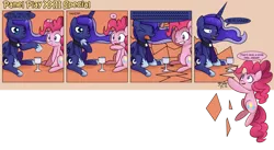 Size: 1700x929 | Tagged: safe, artist:solar-slash, derpibooru import, pinkie pie, princess luna, alicorn, earth pony, pony, comic, crack, duo, duo female, female, glass, mare, panel play, sitting, traditional royal canterlot voice, yelling