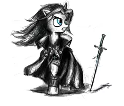 Size: 1750x1500 | Tagged: safe, artist:2chpencil, derpibooru import, ponified, pony, unicorn, alucard, cape, castlevania, clothes, female, frown, glare, glowing horn, gritted teeth, looking back, male, mare, monochrome, raised hoof, simple background, stallion, sword, weapon, white background, windswept mane