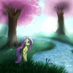 Size: 800x800 | Tagged: safe, artist:fajeh, derpibooru import, fluttershy, pegasus, pony, backlighting, female, flower in hair, mare, rear view, river, solo, tree