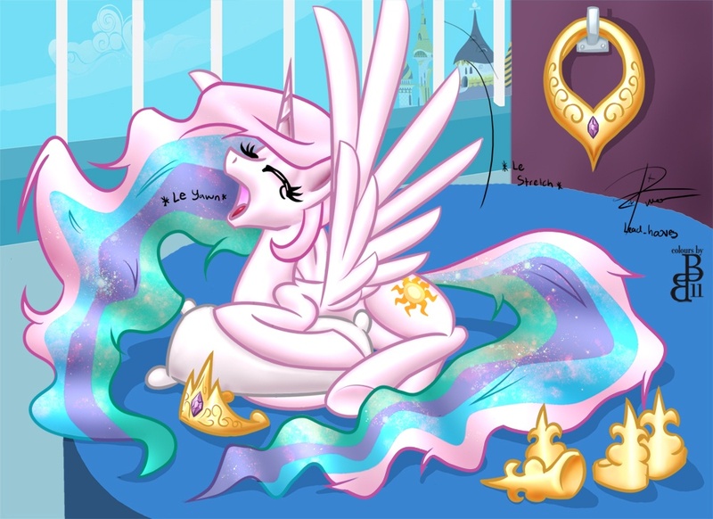 Size: 1000x728 | Tagged: safe, artist:colour-crusader, artist:leadhooves, derpibooru import, princess celestia, alicorn, pony, bed, eyes closed, female, le, mare, morning ponies, princess, prone, solo