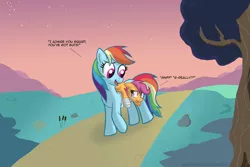 Size: 1920x1280 | Tagged: dead source, safe, artist:naterrang, derpibooru import, rainbow dash, scootaloo, pegasus, pony, bandage, carrying, crying, duo, duo female, female, filly, injured, mare, road, scootalove, walking