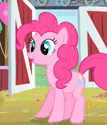 Size: 415x483 | Tagged: safe, derpibooru import, screencap, pinkie pie, earth pony, pony, animated, barn, cute, diapinkes, female, gif, jumping, mare, smiling, solo