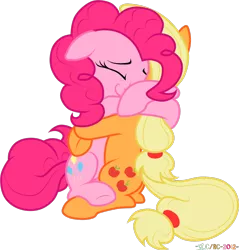 Size: 1028x1077 | Tagged: safe, artist:stupidlittlecreature, derpibooru import, applejack, pinkie pie, earth pony, pony, applepie, eyes closed, female, hug, lesbian, mare, shipping, simple background, transparent background, vector