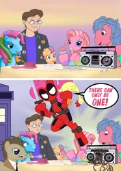Size: 1536x2166 | Tagged: safe, artist:chadrocco, derpibooru import, doctor whooves, melody, pinkie pie, rainbow dash, scootaloo, time turner, earth pony, human, pony, my little pony tales, crossover, deadpool, drool, female, g1, g3, highlander, male, mare, mouth hold, pinkiepool, rubber chicken, sonic screwdriver, stallion, sword, tardis, weapon