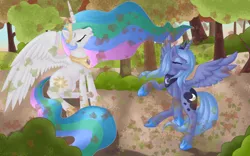 Size: 1680x1050 | Tagged: safe, artist:pony-spiz, derpibooru import, princess celestia, princess luna, alicorn, pony, autumn, dancing, duo, duo female, eyes closed, female, forest, mare, princess, s1 luna, smiling