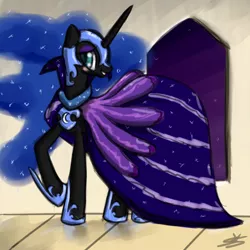 Size: 900x900 | Tagged: safe, artist:speccysy, derpibooru import, nightmare moon, alicorn, pony, clothes, dress, female, gala dress, mare, night, smiling, solo