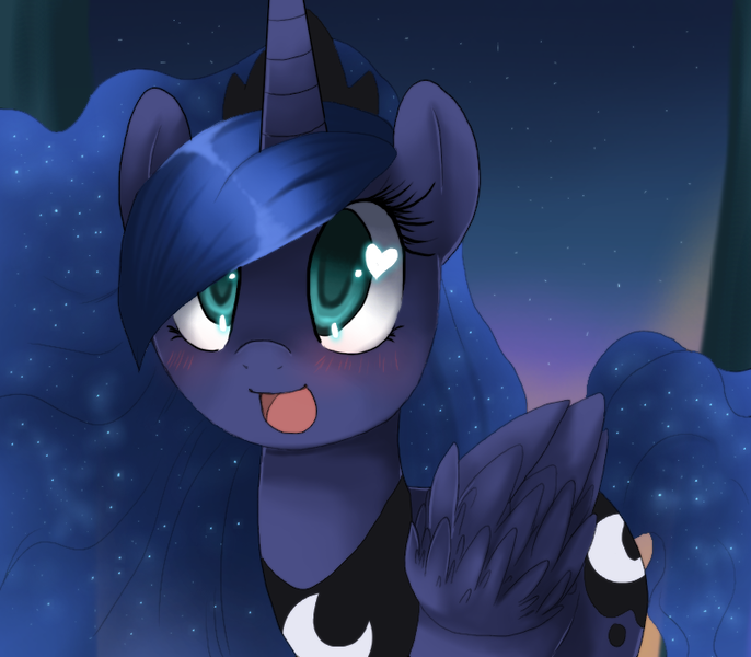 Size: 800x700 | Tagged: safe, artist:loyaldis, derpibooru import, princess luna, alicorn, pony, blushing, colored pupils, cute, ethereal mane, female, happy, heart eyes, lunabetes, mare, night, open mouth, sky, solo, starry mane, starry night, wingding eyes