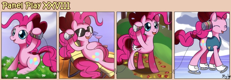 Size: 1400x489 | Tagged: safe, artist:solar-slash, derpibooru import, pinkie pie, earth pony, pony, autumn, comic, female, ice skating, mare, panel play, smiling, spring, summer, sunglasses, sweat, winter