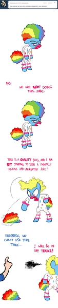 Size: 700x3732 | Tagged: safe, artist:willdrawforfood1, derpibooru import, surprise, human, pegasus, pony, ask surprise, angry, bipedal, circus afro, clown, comic, crossover, female, g1, g1 to g4, generation leap, madagascar, mare, rainbow wig, simple background, solo focus, white background