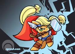 Size: 1000x717 | Tagged: safe, artist:alienfirst, derpibooru import, applejack, earth pony, pony, clothes, cosplay, costume, crossover, female, gradient background, hammer, mare, marvel, mouth hold, solo, thor, weapon