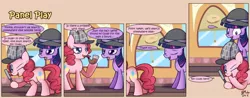 Size: 1400x550 | Tagged: safe, artist:solar-slash, derpibooru import, pinkie pie, twilight sparkle, earth pony, pony, unicorn, mmmystery on the friendship express, bubble pipe, comic, deerstalker, duo, duo female, female, hat, magnifying glass, mare, panel play