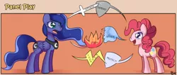 Size: 1400x600 | Tagged: safe, artist:solar-slash, derpibooru import, pinkie pie, princess luna, alicorn, earth pony, pony, comic, duo, duo female, female, mare, panel play