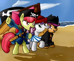 Size: 1000x823 | Tagged: safe, artist:miketheuser, derpibooru import, apple bloom, scootaloo, sweetie belle, earth pony, pegasus, pony, unicorn, clothes, costume, cutie mark crusaders, female, filly, mouth hold, pirate, wooden sword