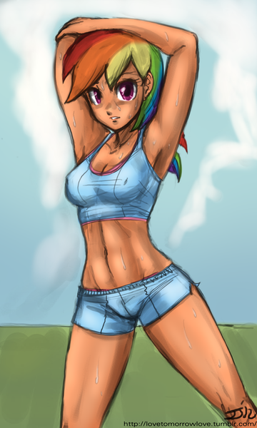 Size: 700x1167 | Tagged: abs, armpits, artist:deeriojim, artist:johnjoseco, belly button, breasts, clothes, colored, color edit, derpibooru import, edit, exercise, female, human, humanized, midriff, muscles, rainbow dash, rainbuff dash, solo, solo female, sports bra, sports shorts, suggestive, sweat