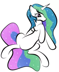 Size: 1280x1546 | Tagged: safe, artist:zomgitsalaura, derpibooru import, princess celestia, alicorn, pony, bellyrubs, female, mare, missing accessory, on back, simple background, solo, white background