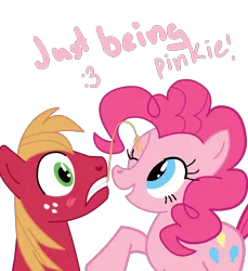 Size: 1324x1445 | Tagged: dead source, safe, artist:miketheuser, derpibooru import, big macintosh, pinkie pie, earth pony, pony, blushing, dialogue, female, hay stalk, male, mare, photoshop, pinkie being pinkie, pinkiemac, shipping, simple background, stallion, straight, straw in mouth, surprised, transparent background
