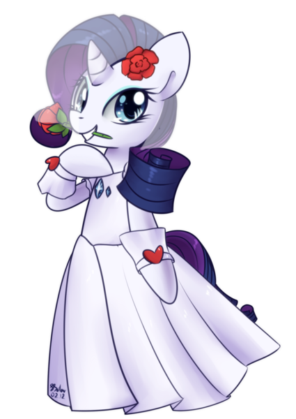 Size: 808x1140 | Tagged: artist:solar-slash, clothes, derpibooru import, dress, female, flower, flower in mouth, mouth hold, rarity, rose, safe, semi-anthro, simple background, smiling, solo, transparent background, wedding dress