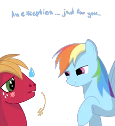 Size: 1324x1445 | Tagged: dead source, safe, artist:miketheuser, derpibooru import, big macintosh, rainbow dash, earth pony, pegasus, pony, blushing, dialogue, female, implied lesbian, male, mare, photoshop, rainbowmac, shipping, simple background, stallion, straight, straw in mouth, sweatdrop, transparent background