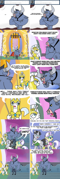 Size: 1310x3900 | Tagged: safe, artist:creepycurse, derpibooru import, iron will, jet set, upper crust, minotaur, pony, unicorn, ask iron will, ask, ask-ironwill-now, comic, female, male, mare, royal guard, royal wedding, spear, stallion, weapon