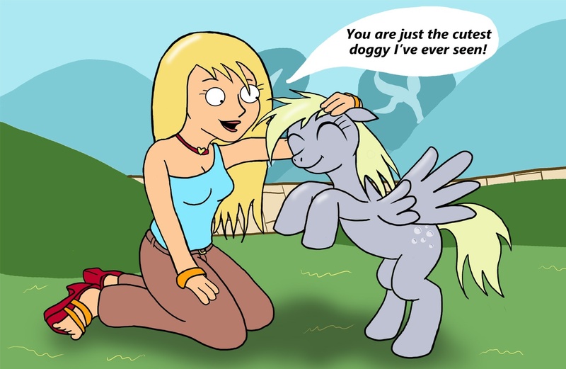 Size: 1375x895 | Tagged: safe, artist:jarntazecht, derpibooru import, derpy hooves, human, pegasus, pony, crossover, duo, family guy, female, floppy ears, jillian, mare, petting