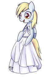 Size: 750x1100 | Tagged: artist:solar-slash, clothes, derpibooru import, derpy hooves, dress, female, pegasus, safe, semi-anthro, simple background, smiling, solo, transparent background, wedding dress