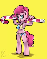 Size: 1280x1595 | Tagged: safe, artist:atryl, derpibooru import, pinkie pie, anthro, unguligrade anthro, armpits, belly button, bikini, candy cane, clothes, female, simple background, solo, swimsuit, tongue out, yellow background