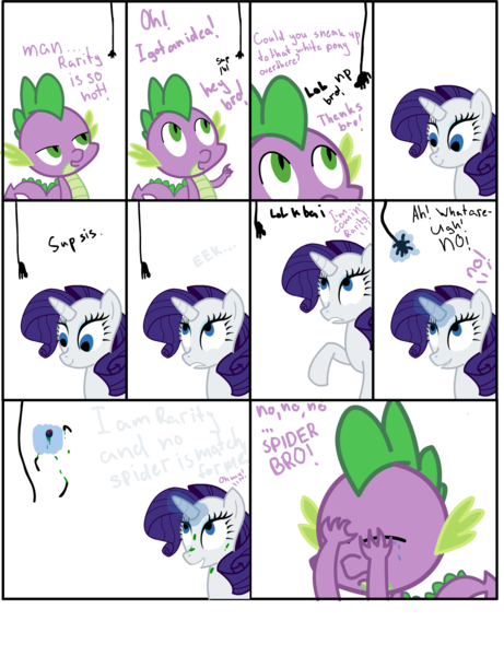 Size: 1286x1673 | Tagged: dead source, semi-grimdark, artist:miketheuser, derpibooru import, rarity, spike, dragon, pony, spider, unicorn, blood, comic, crying, dead, death, dialogue, female, gore, male, mare, murder, simple background, spiderbro, transparent background, x eyes