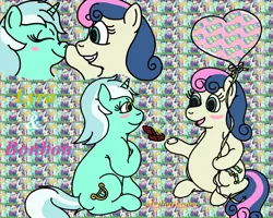 Size: 3155x2524 | Tagged: safe, artist:puffydearlysmith, derpibooru import, bon bon, lyra heartstrings, sweetie drops, earth pony, pony, unicorn, abstract background, balloon, blushing, boop, chubby, female, heart balloon, high res, lesbian, lyrabon, mare, marriage proposal, ring, shipping, sitting, wedding ring