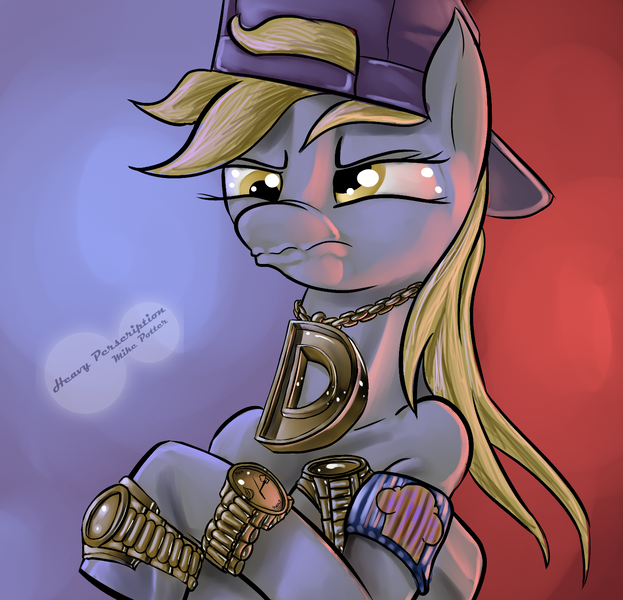 Size: 1477x1423 | Tagged: abstract background, artist:themessengerboy, backwards ballcap, baseball cap, bling, cap, derpibooru import, derpy hooves, female, frown, gangsta, gangster, hat, pegasus, safe, semi-anthro, solo, watch, wristwatch