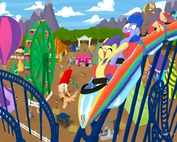Size: 1600x1280 | Tagged: artist needed, safe, derpibooru import, oc, unofficial characters only, earth pony, pegasus, pony, unicorn, amusement park, female, ferris wheel, hot air balloon, male, mare, rollercoaster, stallion, tent, turntable