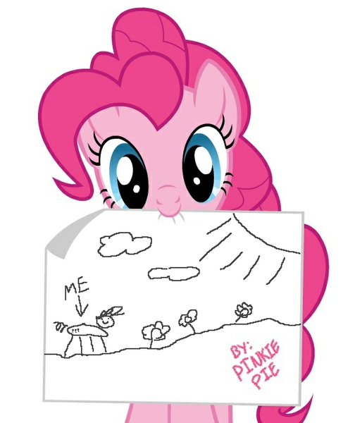 Size: 579x689 | Tagged: safe, derpibooru import, pinkie pie, earth pony, pony, cute, drawing, exploitable meme, female, looking at you, mare, meme, mouth hold, paper, pinkie's note meme, simple background, solo, white background