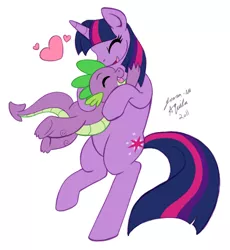 Size: 450x490 | Tagged: safe, artist:jenasu, derpibooru import, spike, twilight sparkle, dragon, pony, unicorn, bipedal, eyes closed, female, heart, hug, male, mare, simple background, smiling, spikelove, white background