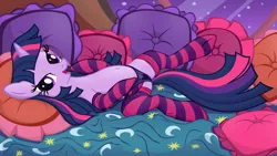 Size: 2844x1600 | Tagged: dead source, suggestive, artist:illuminatiums, derpibooru import, twilight sparkle, pony, unicorn, .psd available, bed, bedroom, bedroom eyes, belly button, blanket, clothes, female, heart, heart print underwear, looking at you, mare, night, on back, open mouth, panties, pillow, purple underwear, see-through, show accurate, show accurate porn, socks, solo, solo female, stockings, striped socks, thigh highs, topless, underwear, window