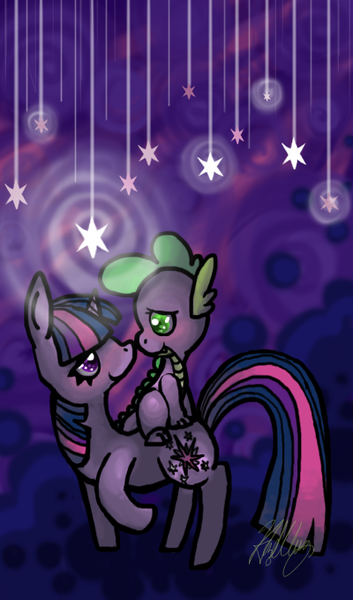 Size: 400x680 | Tagged: safe, artist:sorceresskeiko, derpibooru import, spike, twilight sparkle, dragon, pony, unicorn, abstract background, boop, dragons riding ponies, eye contact, female, looking at each other, looking back, male, mare, noseboop, riding, smiling, spikelove, stars