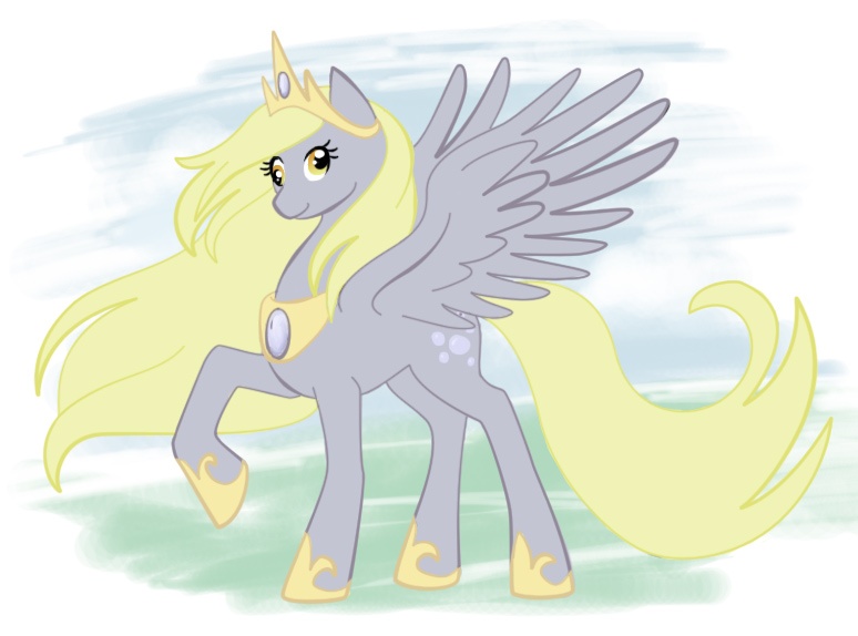 Size: 774x574 | Tagged: safe, artist:bux, derpibooru import, ponibooru import, derpy hooves, alicorn, pony, abstract background, alicornified, derpicorn, female, mare, princess, race swap, raised hoof, smiling, solo, spread wings, wings