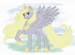 Size: 774x574 | Tagged: safe, artist:bux, derpibooru import, ponibooru import, derpy hooves, alicorn, pony, abstract background, alicornified, derpicorn, female, mare, princess, race swap, raised hoof, smiling, solo, spread wings, wings