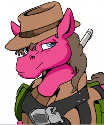 Size: 684x817 | Tagged: artist needed, source needed, safe, derpibooru import, oc, oc:cherry pie, unofficial characters only, earth pony, pony, fallout equestria, better source needed, clothes, hat, male, new pegas, simple background, solo, stallion, weapon, white background