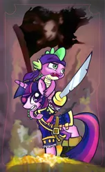 Size: 1160x1904 | Tagged: safe, artist:kna, derpibooru import, spike, twilight sparkle, dragon, pony, unicorn, clothes, ear piercing, earring, eyepatch, female, flag, jewelry, male, mare, piercing, pirate, scarf, sword, weapon