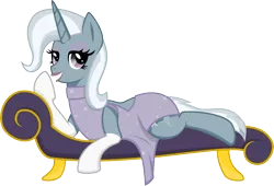 Size: 5011x3412 | Tagged: safe, artist:catnipfairy, derpibooru import, trixie, pony, unicorn, clothes, couch, dress, evening gloves, eyeshadow, female, lidded eyes, lipstick, mare, prone, simple background, smiling, solo, transparent background, vector
