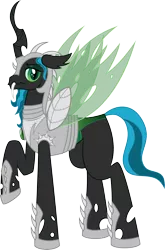 Size: 3432x5209 | Tagged: safe, artist:catnipfairy, derpibooru import, queen chrysalis, changeling, armor, changeling king, fangs, hoof shoes, image, king metamorphosis, looking at you, male, png, raised hoof, rule 63, simple background, smiling, solo, spread wings, transparent background, vector, wavy mouth